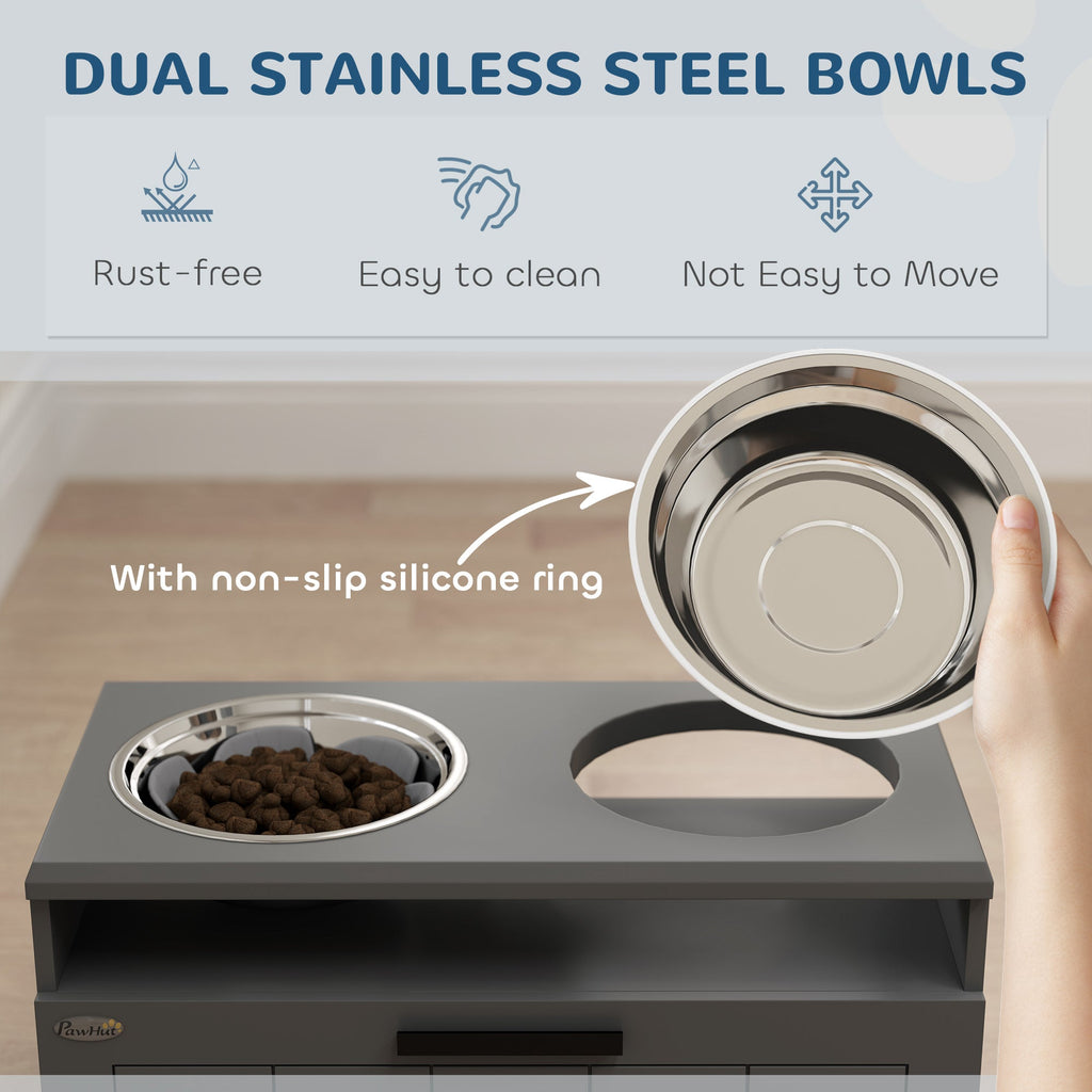 Raised Dog Bowl Stand With Slow Feeder and Drawer, Grey