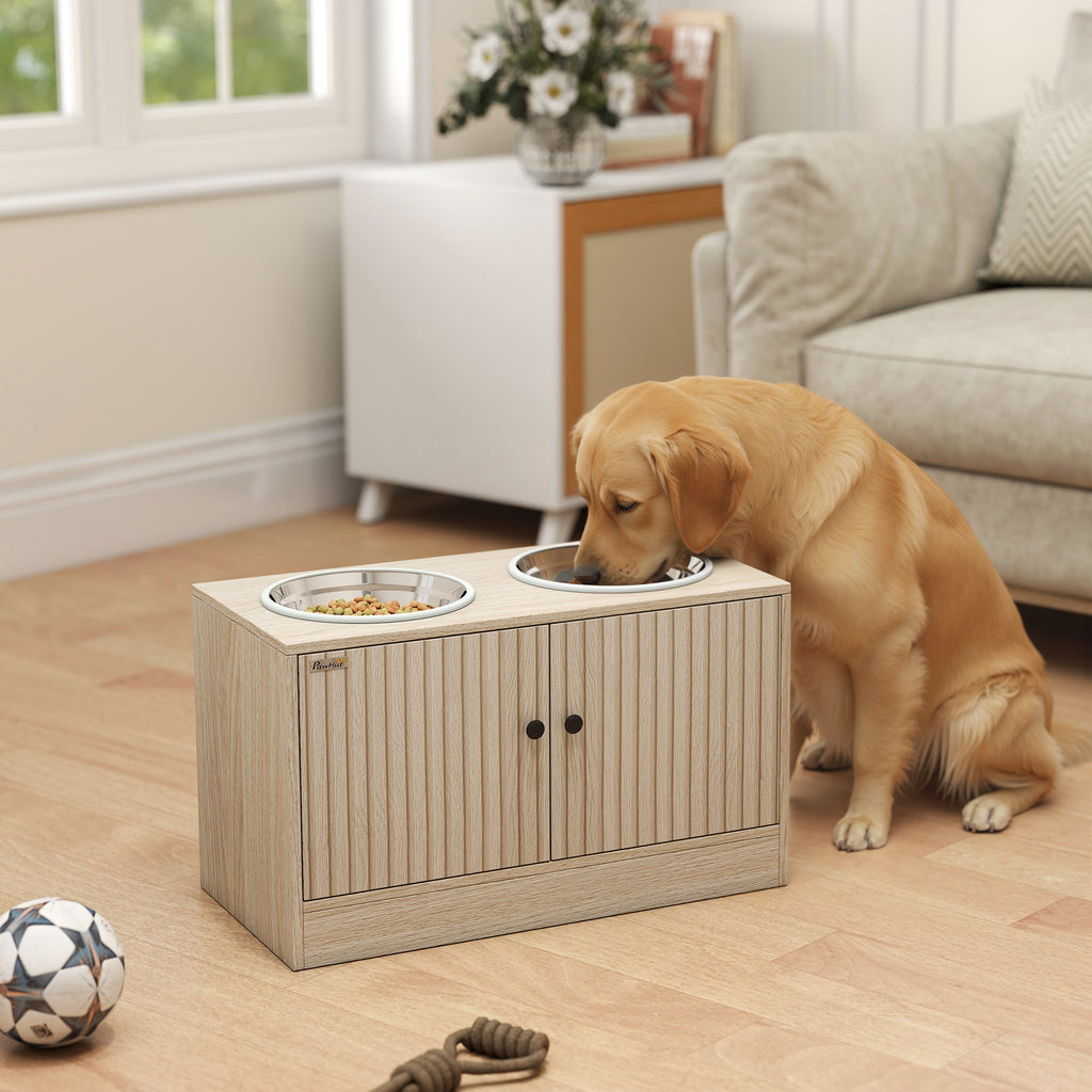 Elevated Dog Feeding Station With Storage Cabinet, Oak