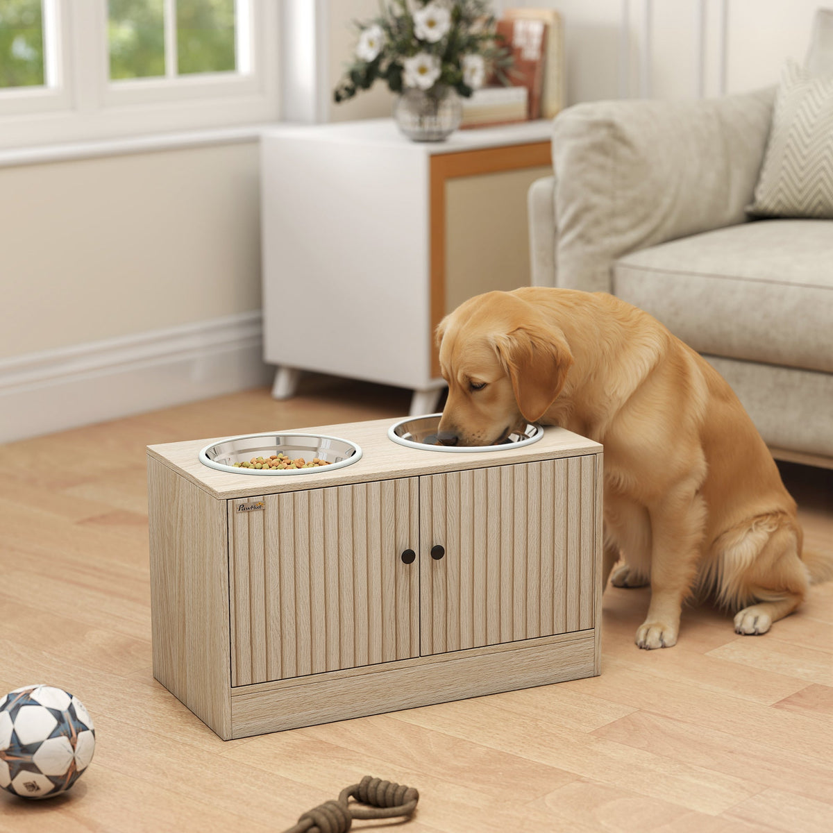 Elevated Dog Feeding Station With Storage Cabinet, Oak