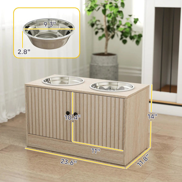 Elevated Dog Bowl Station With Sliding Door Cabinet, 14 In