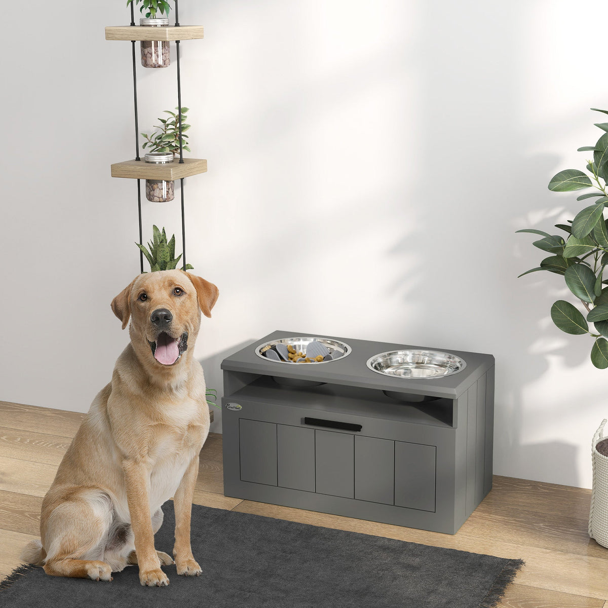 Raised Dog Bowl Stand With Slow Feeder and Drawer, Grey
