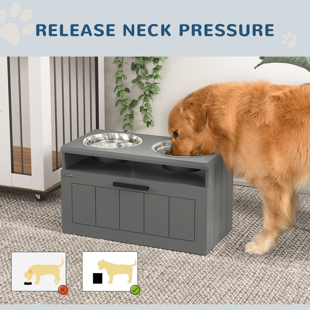 Raised Dog Bowl Stand With Slow Feeder and Drawer, Grey