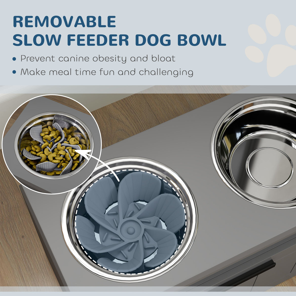 Raised Dog Bowl Stand With Slow Feeder and Drawer, Grey