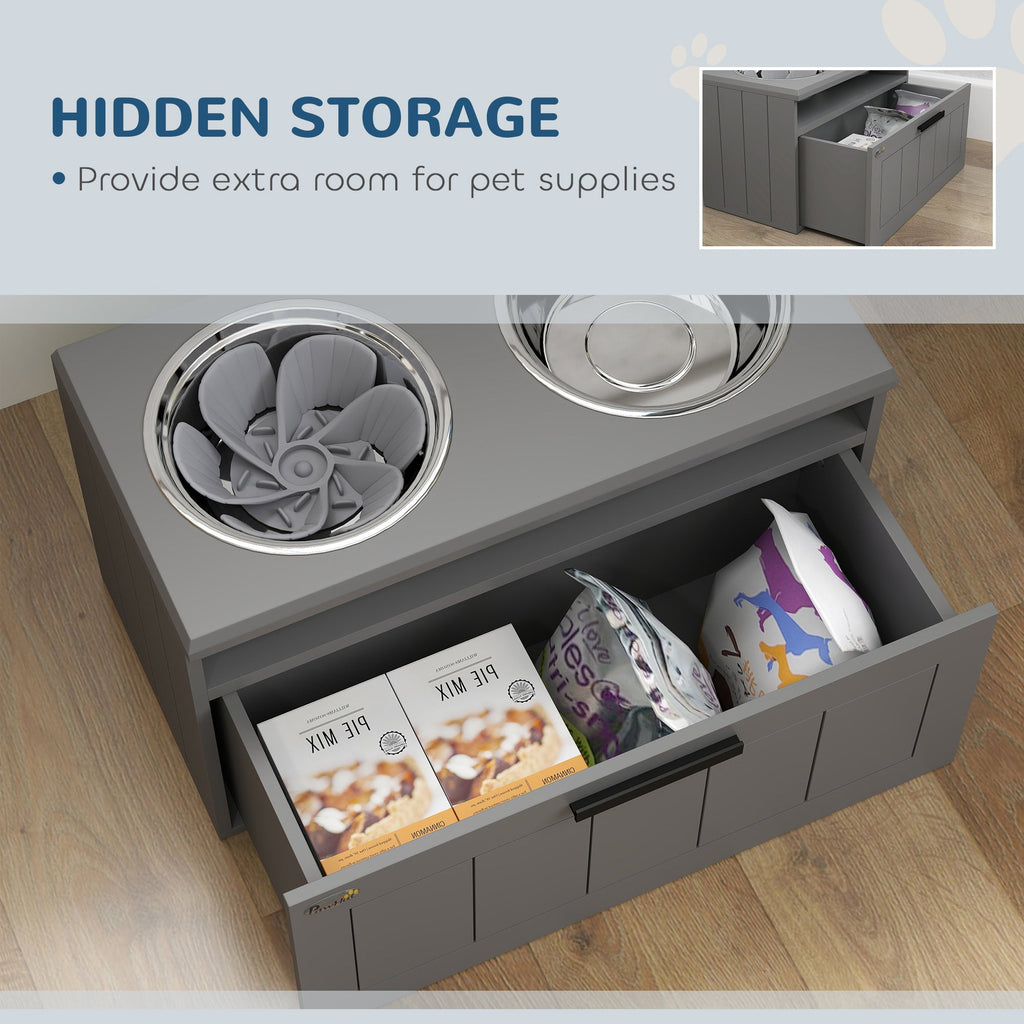 Raised Dog Bowl Stand With Slow Feeder and Drawer, Grey