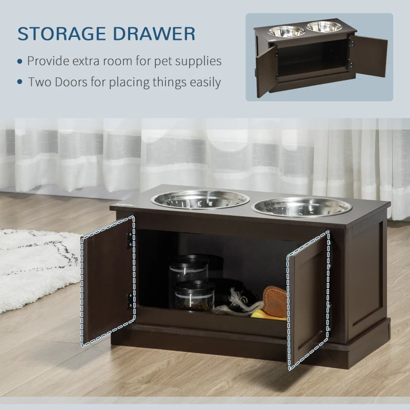Elevated Dog Bowls With Storage Cabinet, Coffee Brown