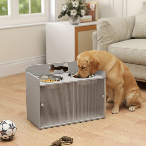 Elevated Dog Bowl Station With Bone Handle Cabinet, Grey