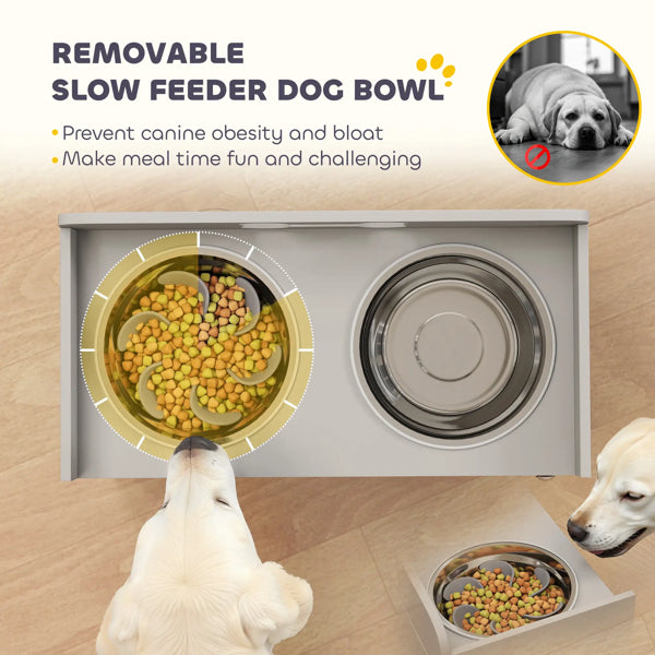 Elevated Dog Bowl Station With Bone Handle Cabinet, Grey