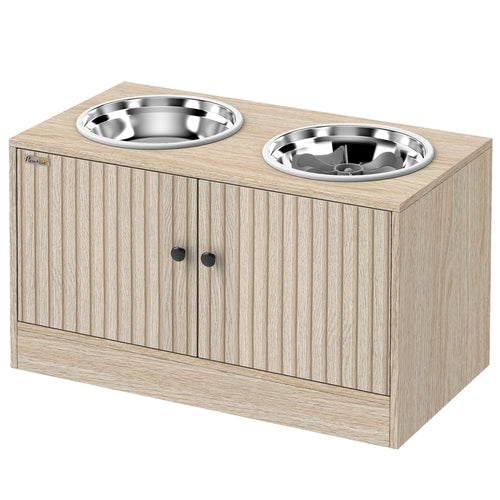Elevated Dog Feeding Station With Storage Cabinet, Oak