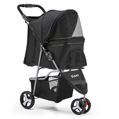 Foldable Three Wheel Pet Stroller With Storage Basket