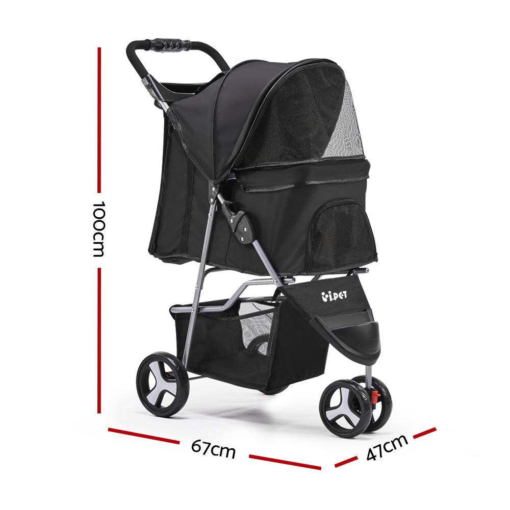 Foldable Three Wheel Pet Stroller With Storage Basket
