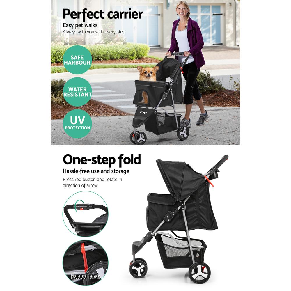 Foldable Three Wheel Pet Stroller With Storage Basket