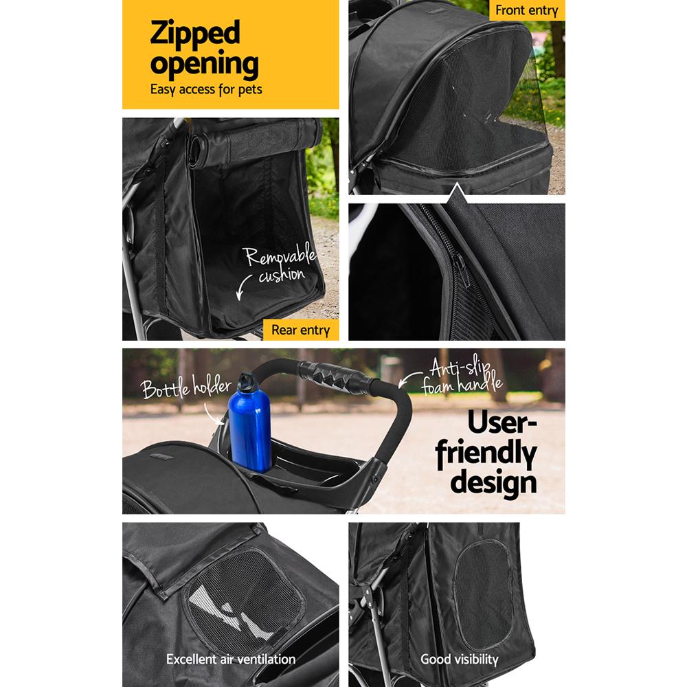 Foldable Three Wheel Pet Stroller With Storage Basket