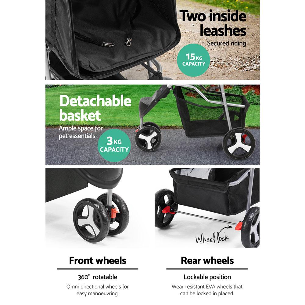 Foldable Three Wheel Pet Stroller With Storage Basket
