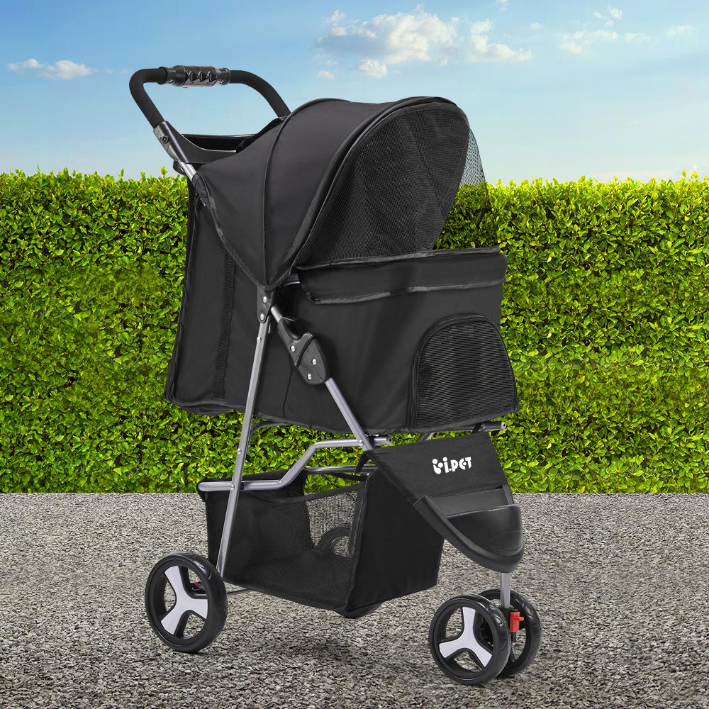 Foldable Three Wheel Pet Stroller With Storage Basket