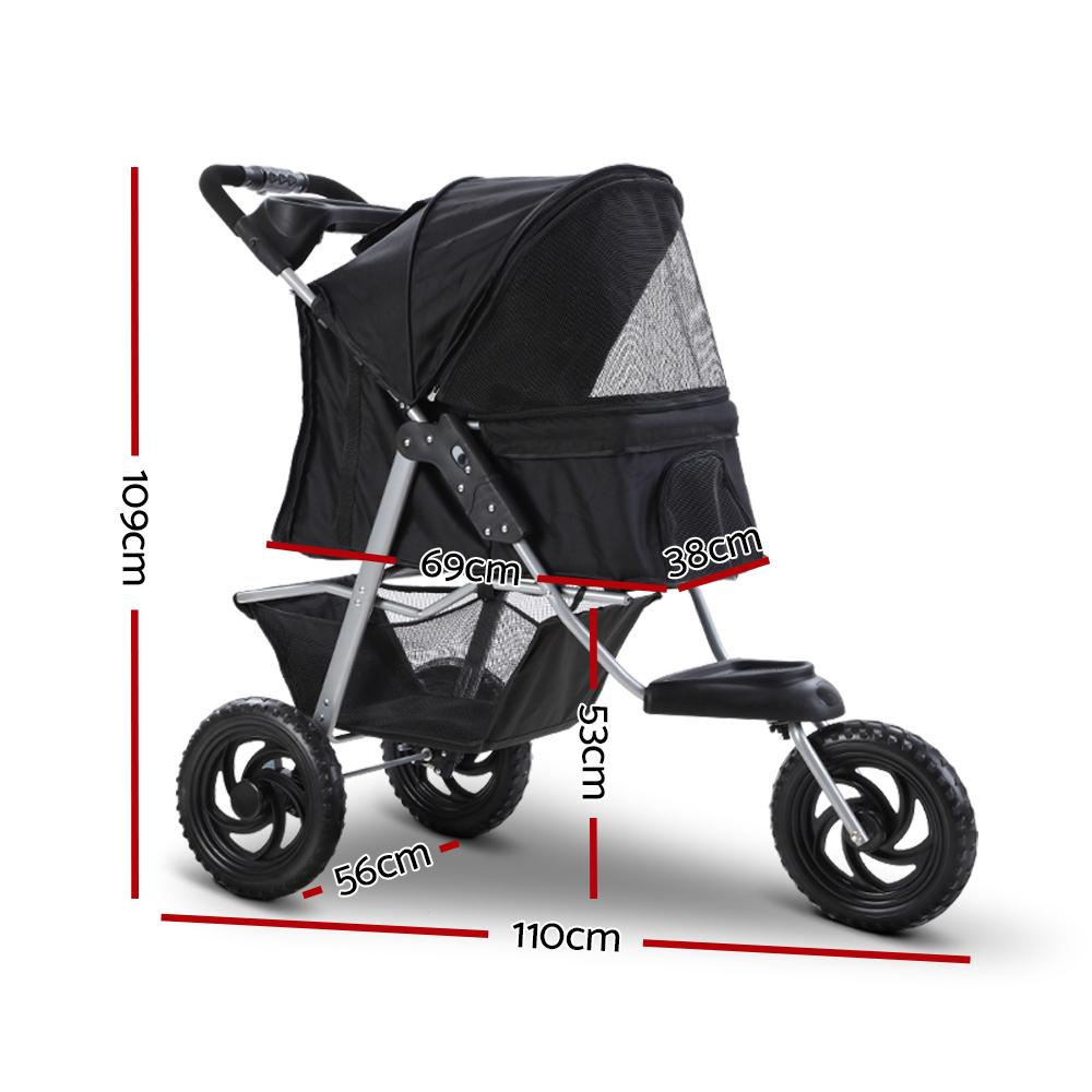 Foldable Three Wheel Pet Stroller Pram, Large Black