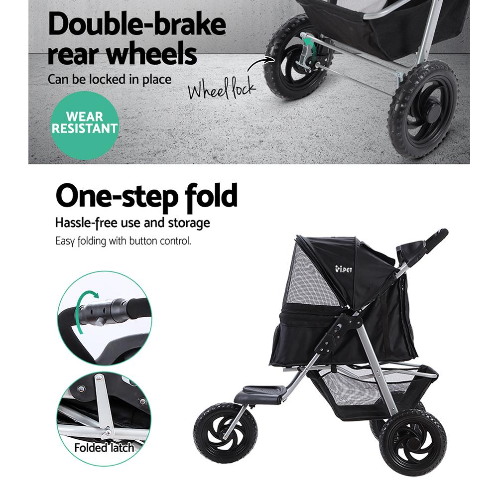 Foldable Three Wheel Pet Stroller Pram, Large Black