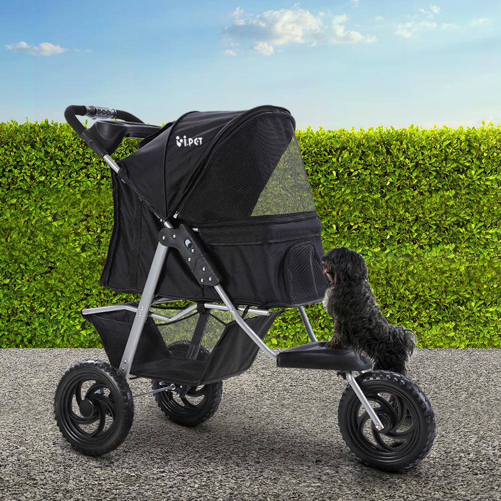Foldable Three Wheel Pet Stroller Pram, Large Black