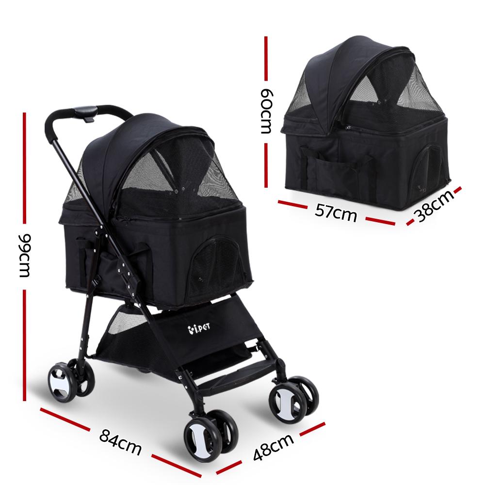 Foldable 3 in 1 Pet Stroller, Four Wheel, Medium Black