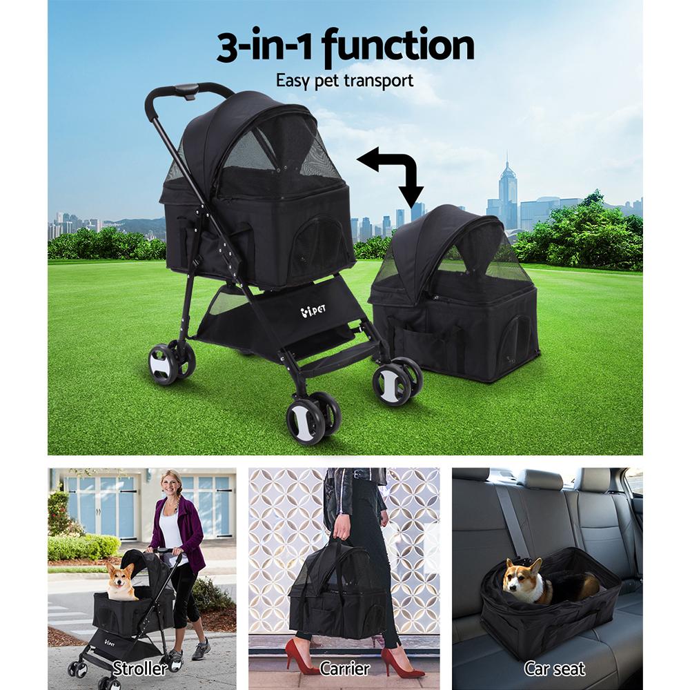 Foldable 3 in 1 Pet Stroller, Four Wheel, Medium Black