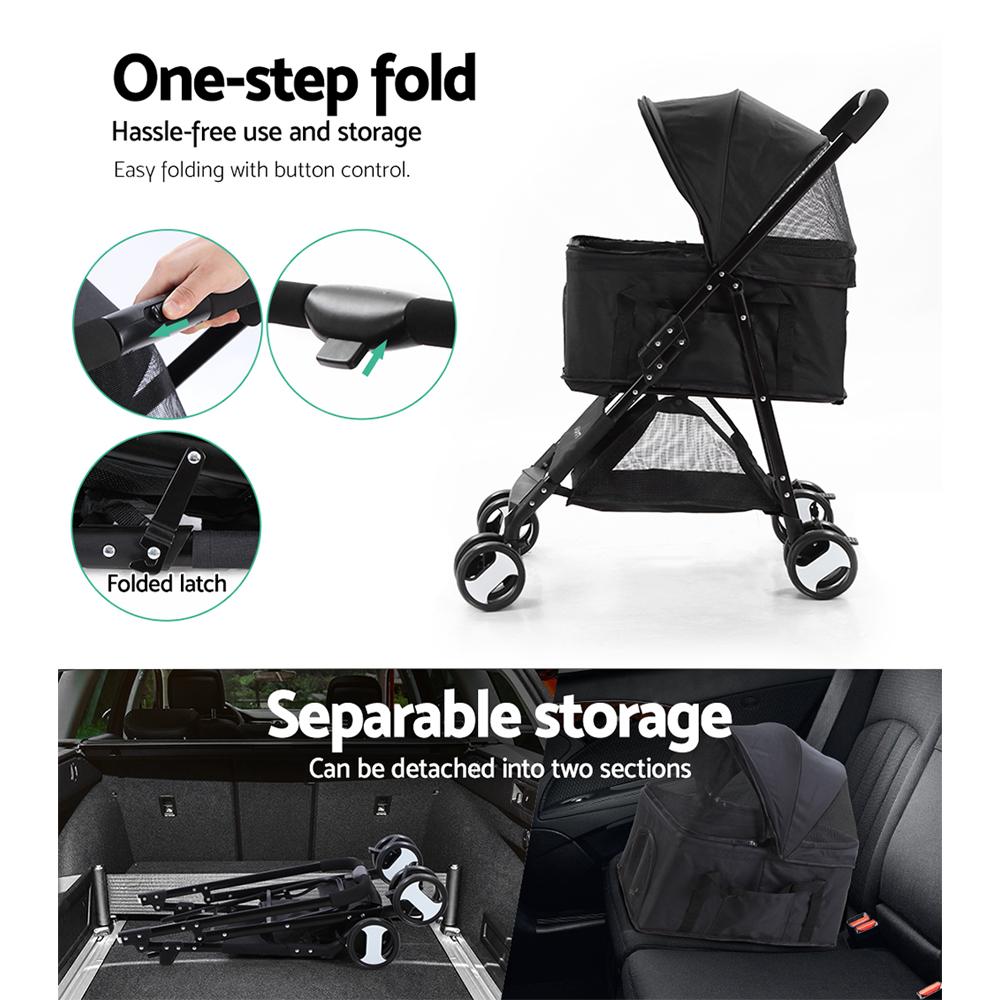 Foldable 3 in 1 Pet Stroller, Four Wheel, Medium Black