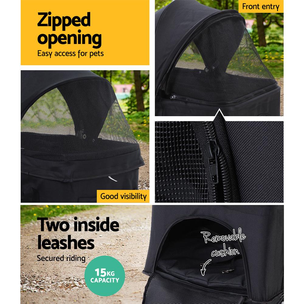 Foldable 3 in 1 Pet Stroller, Four Wheel, Medium Black