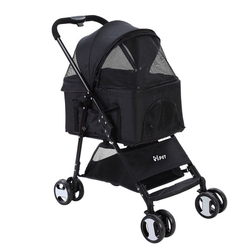 Foldable 3 in 1 Pet Stroller, Four Wheel, Medium Black