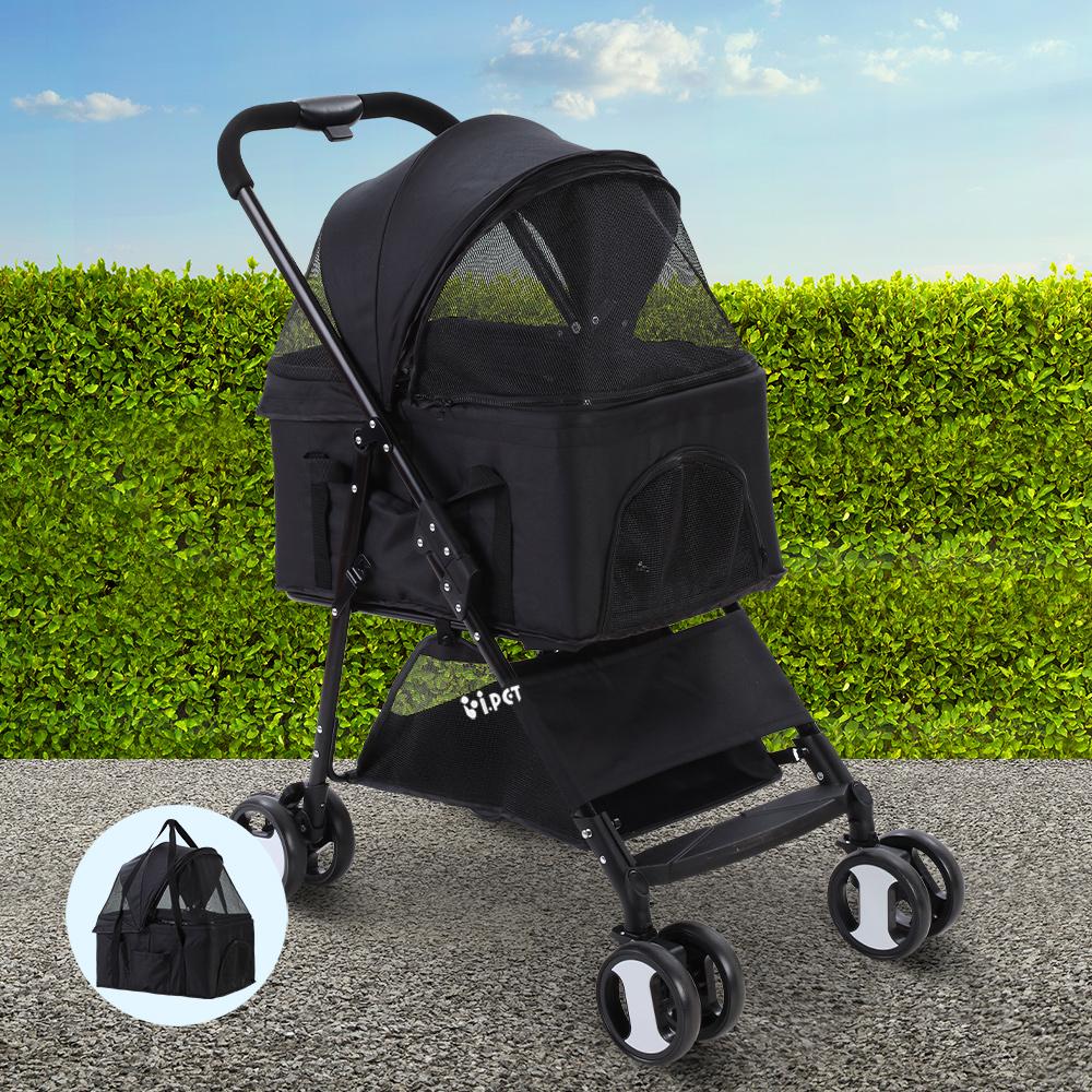 Foldable 3 in 1 Pet Stroller, Four Wheel, Medium Black