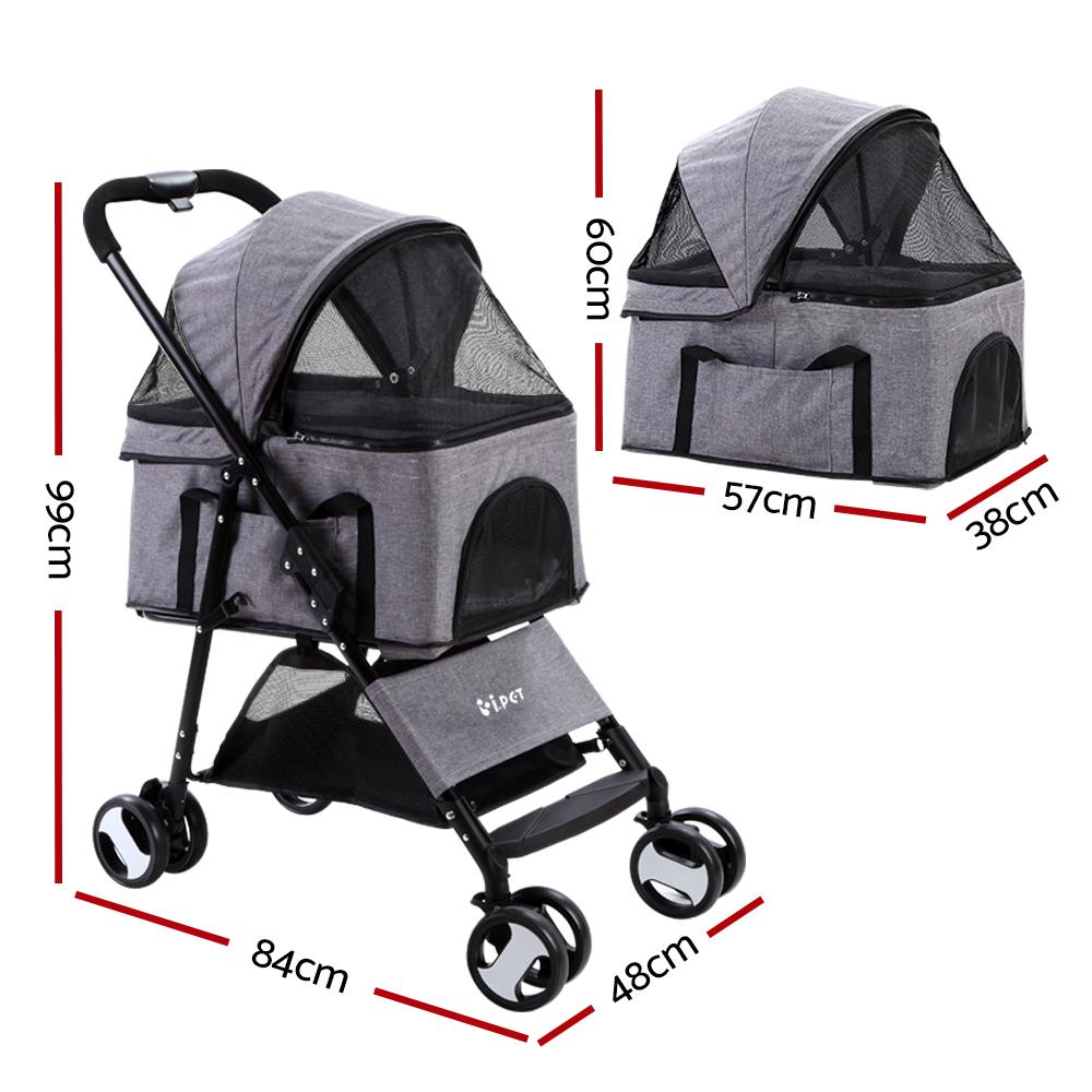 Foldable 3 in 1 Pet Stroller, Four Wheel, Medium Grey