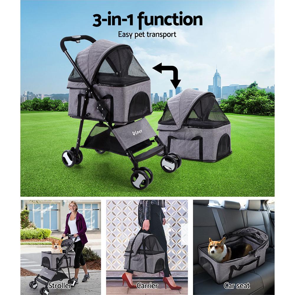 Foldable 3 in 1 Pet Stroller, Four Wheel, Medium Grey