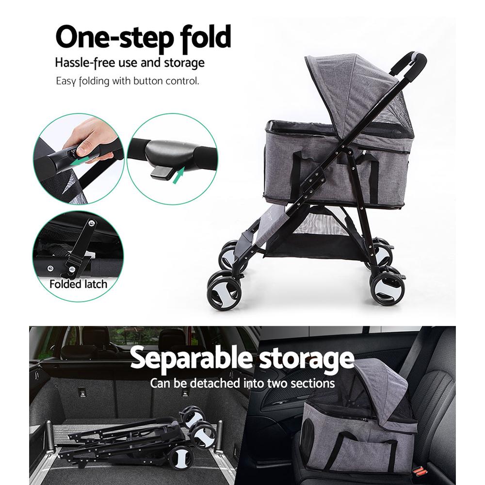 Foldable 3 in 1 Pet Stroller, Four Wheel, Medium Grey