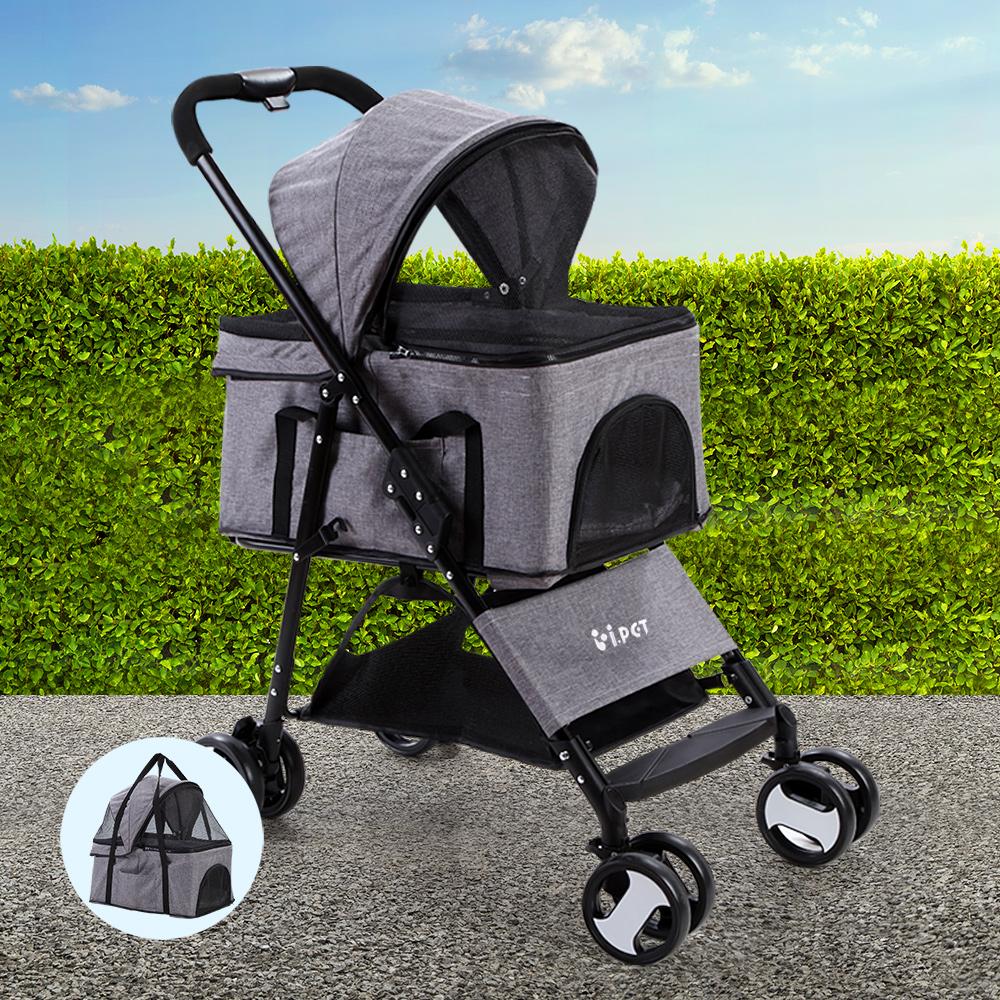 Foldable 3 in 1 Pet Stroller, Four Wheel, Medium Grey