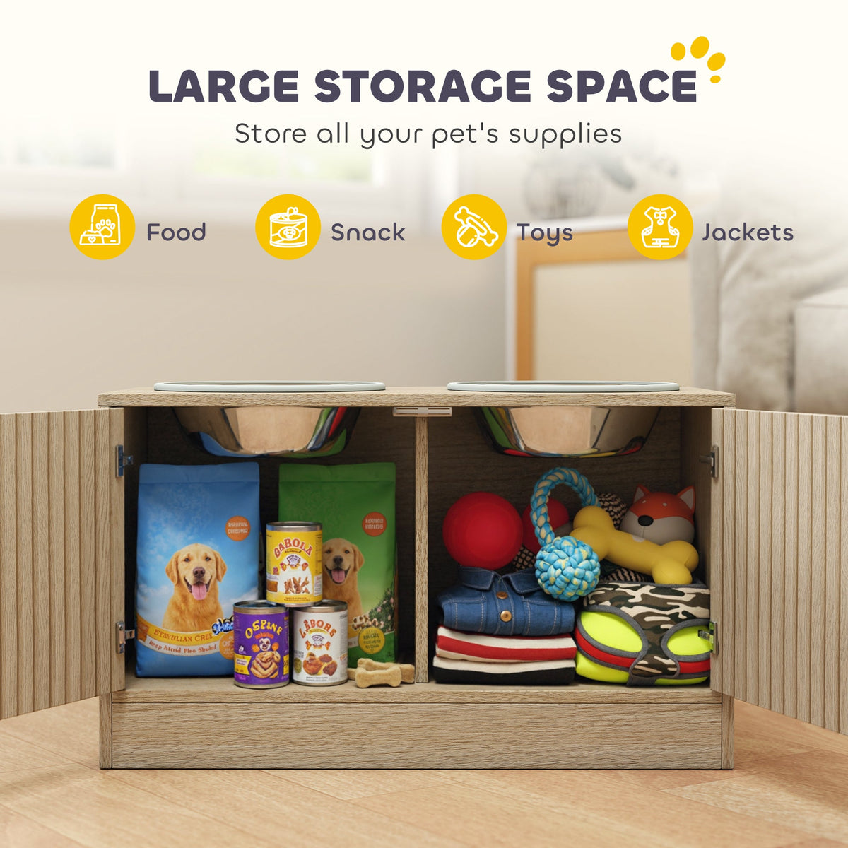 Elevated Dog Feeding Station With Storage Cabinet, Oak