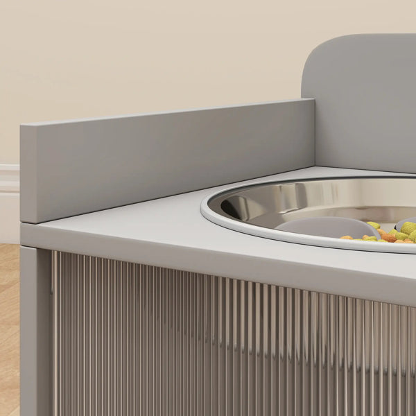 Elevated Dog Bowl Station With Bone Handle Cabinet, Grey