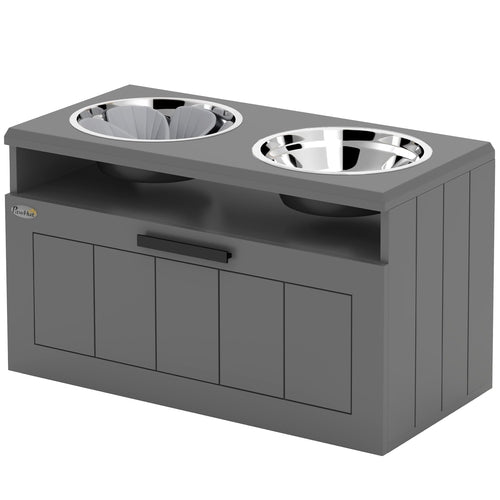 Raised Dog Bowl Stand With Slow Feeder and Drawer, Grey