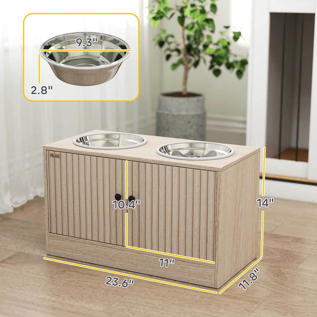 Elevated Dog Feeding Station With Storage Cabinet, Oak