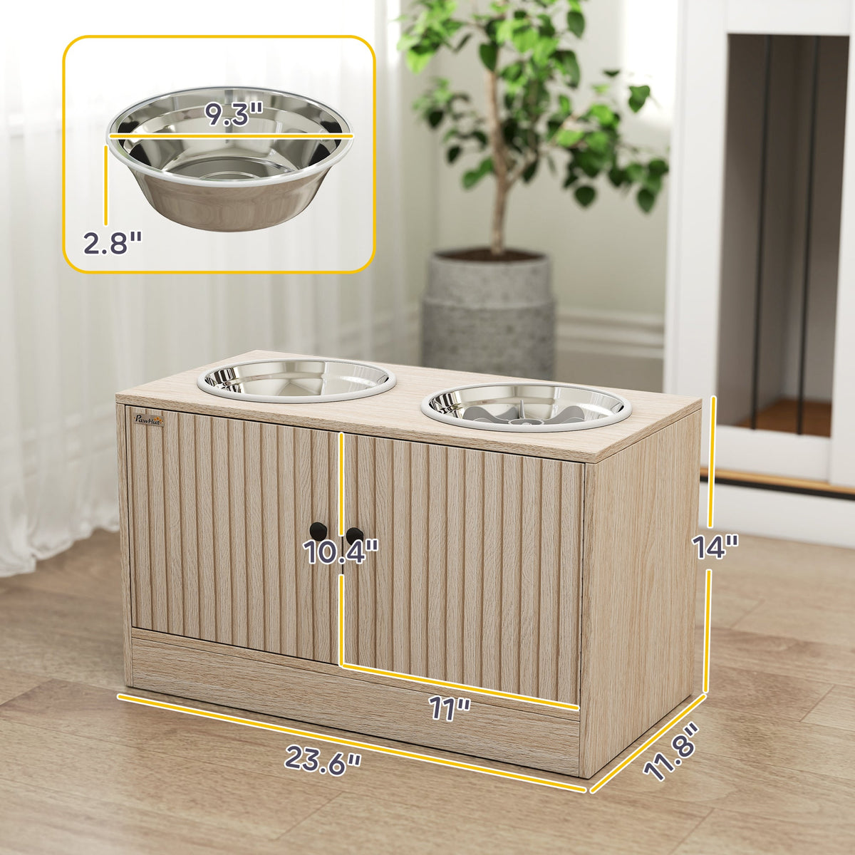 Elevated Dog Feeding Station With Storage Cabinet, Oak