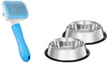Pet Grooming Kit With Slicker Brush and Two Steel Bowls