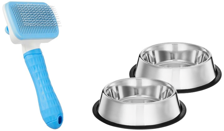 Pet Grooming Kit With Slicker Brush and Two Steel Bowls