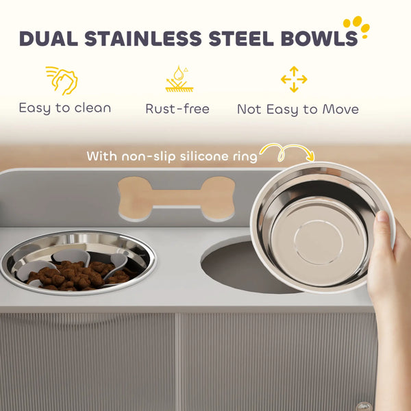 Elevated Dog Bowl Station With Bone Handle Cabinet, Grey
