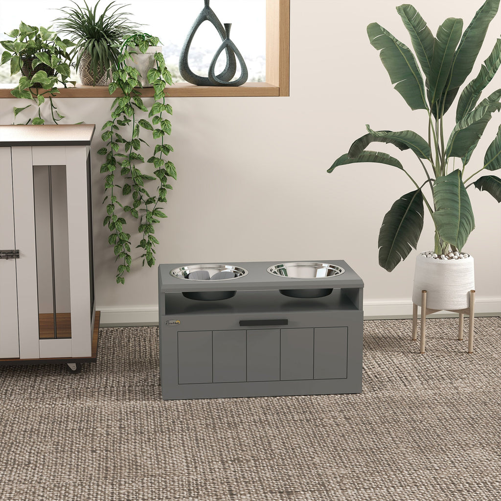 Raised Dog Bowl Stand With Slow Feeder and Drawer, Grey