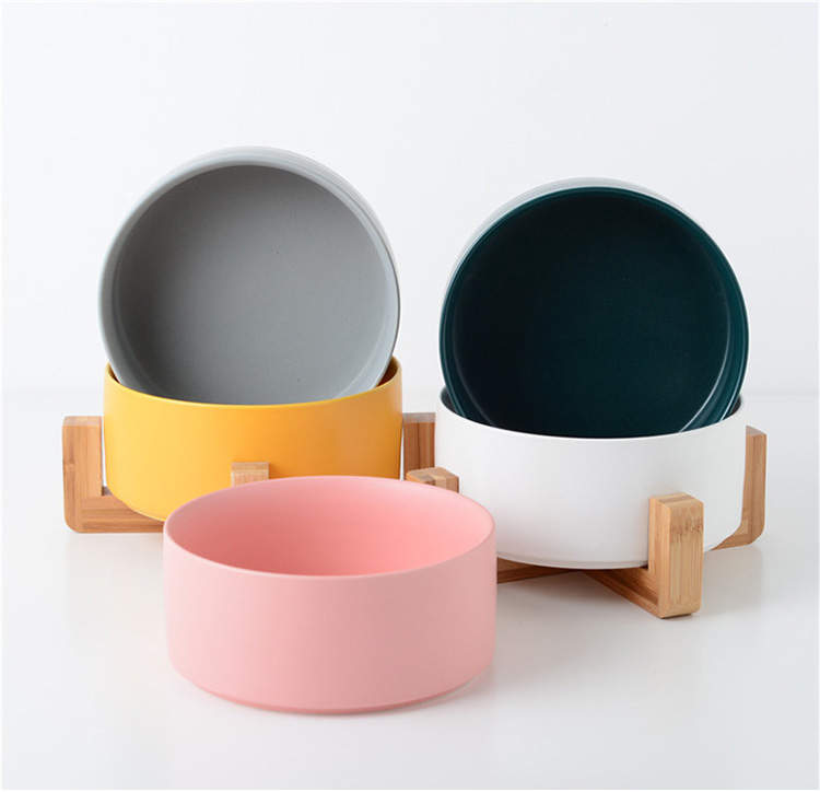 Ceramic Pet Bowl With Bamboo Stand, Six Colours