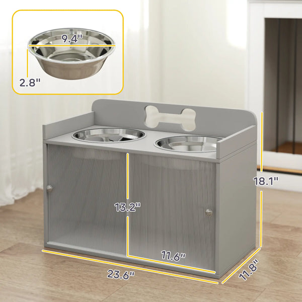 Elevated Dog Bowl Station With Bone Handle Cabinet, Grey