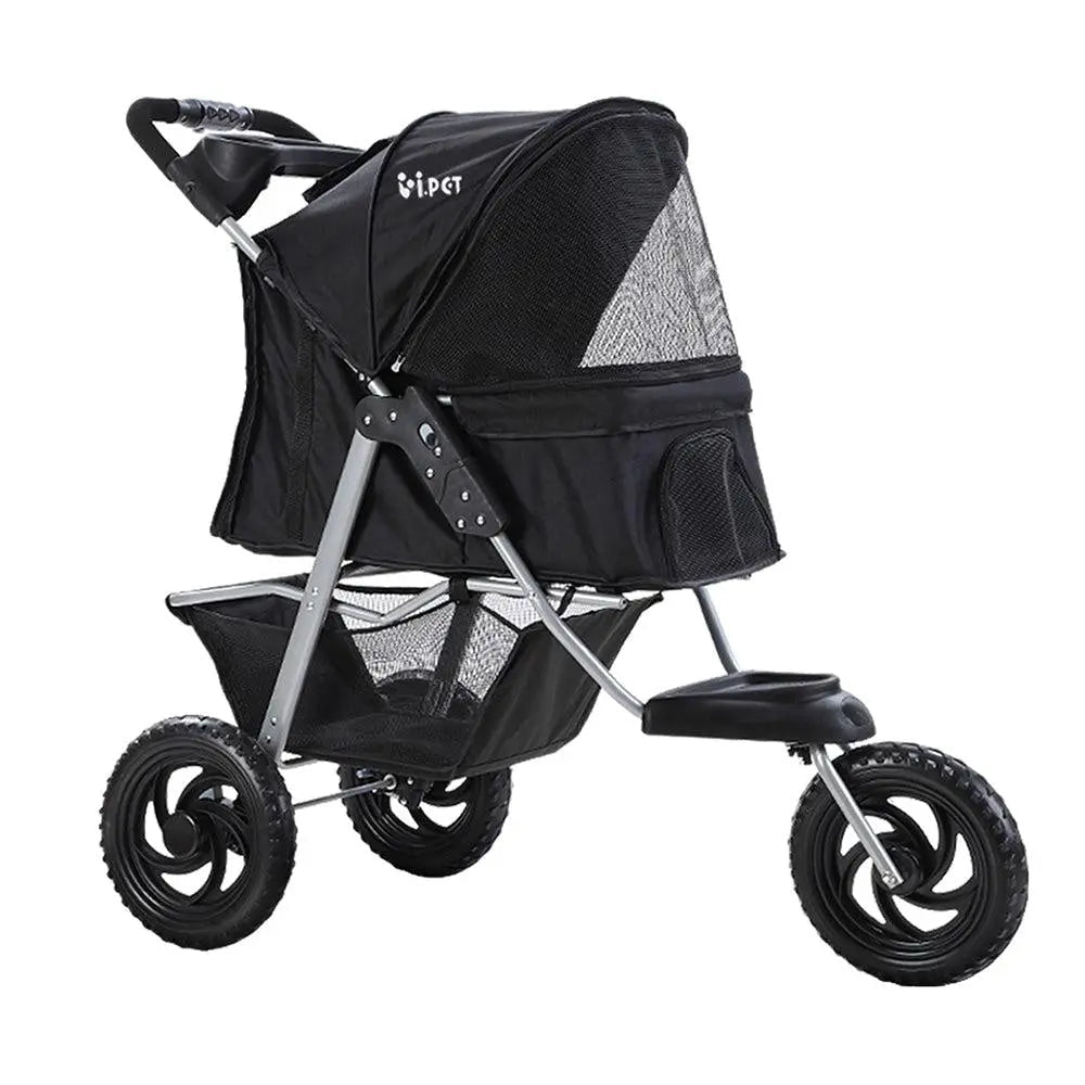 Foldable Three Wheel Pet Stroller Pram, Large Black