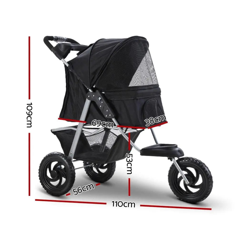 Foldable Three Wheel Pet Stroller Pram, Large Black