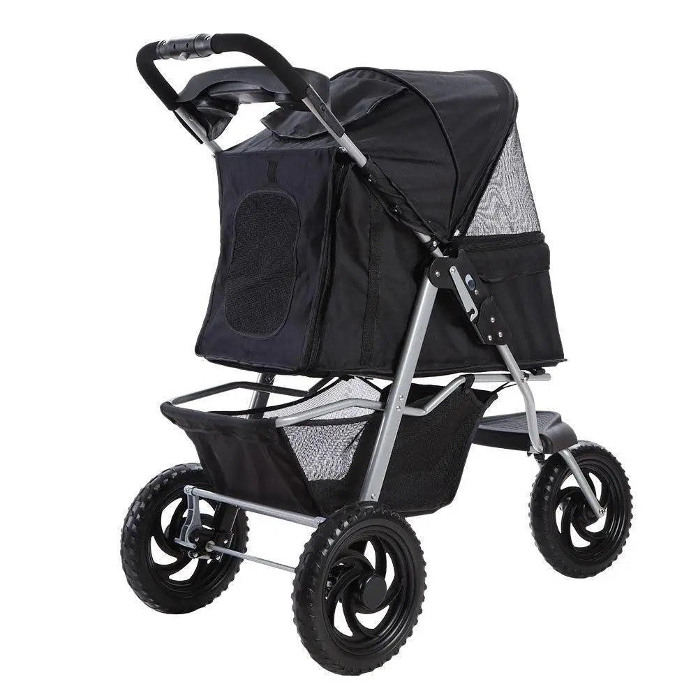Foldable Three Wheel Pet Stroller Pram, Large Black
