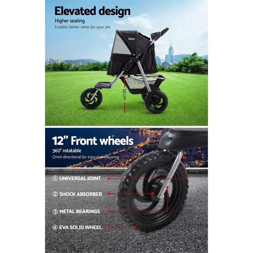 Foldable Three Wheel Pet Stroller Pram, Large Black