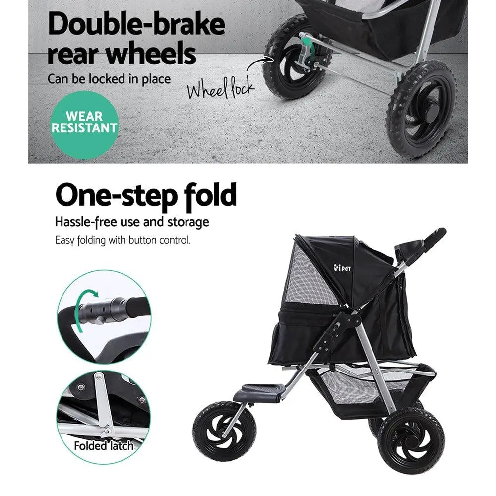 Foldable Three Wheel Pet Stroller Pram, Large Black
